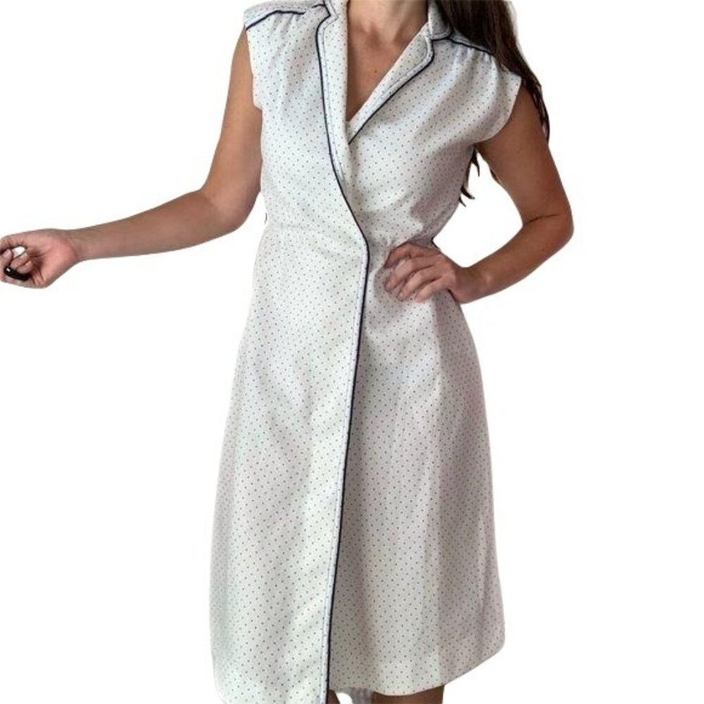 Vintage Leslie Fay Polka Dot Wrap Dress Size Small Knee Length Navy Blue White